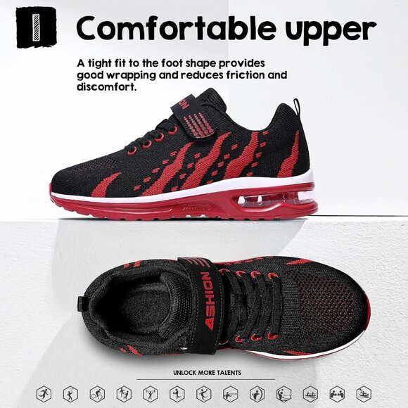 Kids 3208-black Red Running Breathable Lightweight Non Slip Comfortable Sneakers - Picture 2 of 7